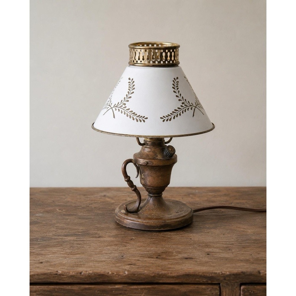 VTG Miniature Brass Tole Ware Accent Lamp White & Gold Shade MCM 10" Tall